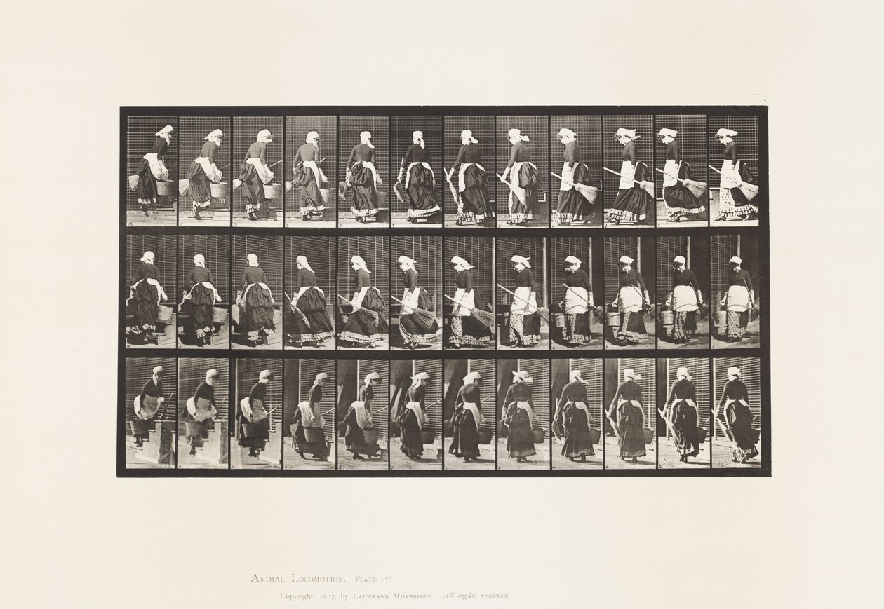 Plate 107. Vende seg for å gå opp trapper, bøtte med vann og kost i hendene av Eadweard Muybridge
