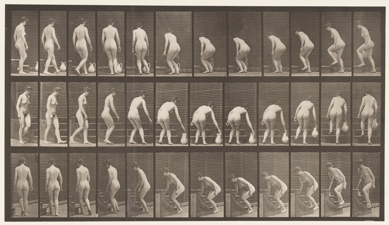 Plate 108. Vende seg for å gå opp trapper, bøye seg, løfte en mugge, 1872-1885 av Eadweard Muybridge