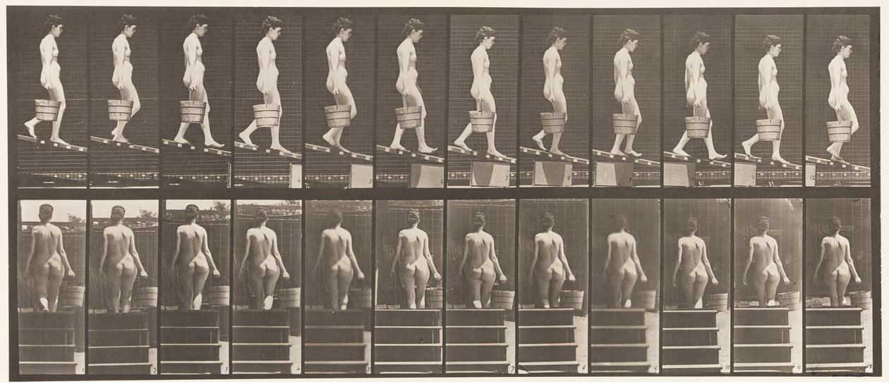 Plate 120. Synkende skråning, bøtte med vann i høyre hånd, 1872-1885 av Eadweard Muybridge
