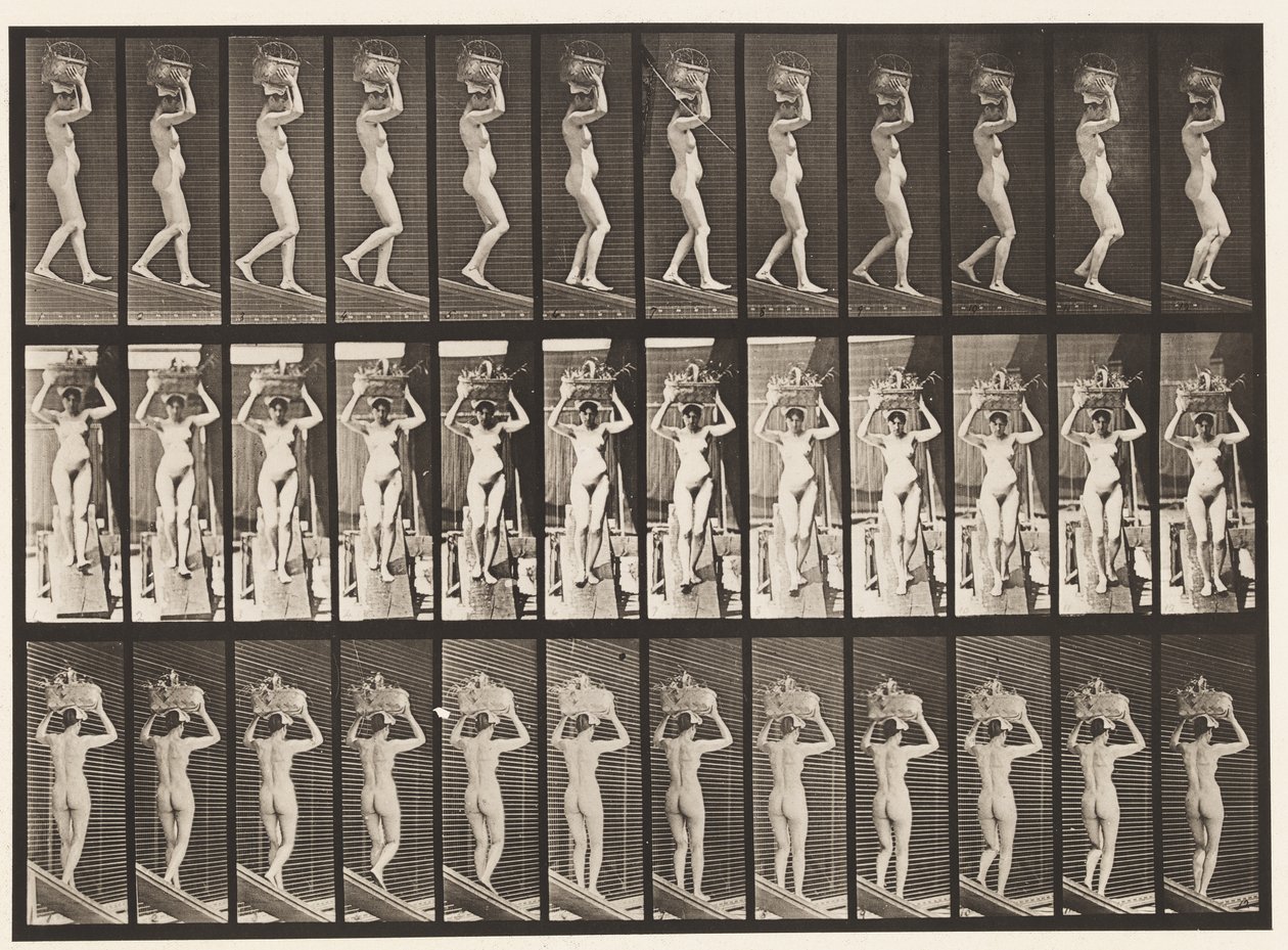 Plate 123. Descending Incline, 20-lb kurv på hodet, hender hevet, 1872-1885 av Eadweard Muybridge