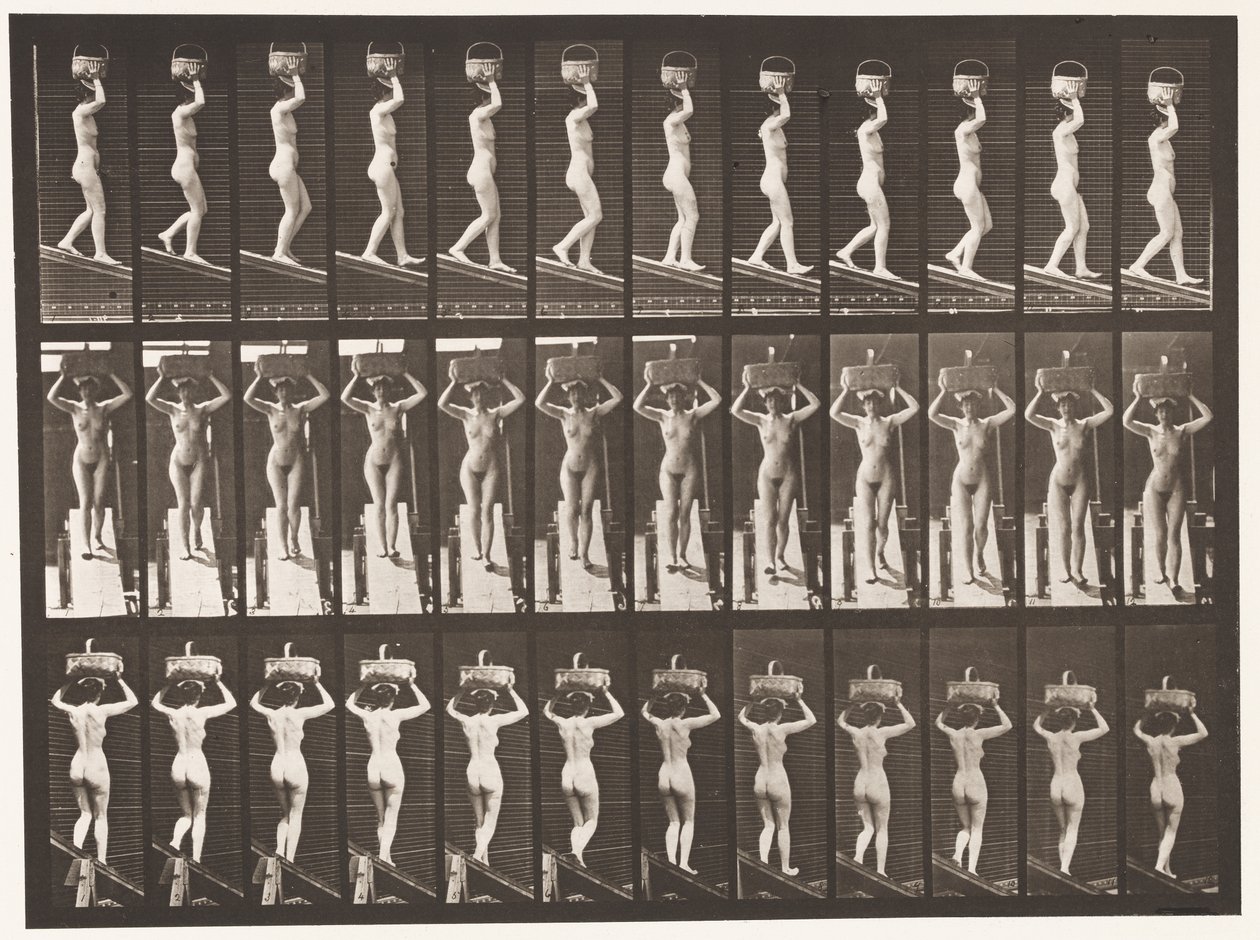 Plate 124. Descending Incline, 20-lb kurv på hodet, hender hevet, 1872-1885 av Eadweard Muybridge