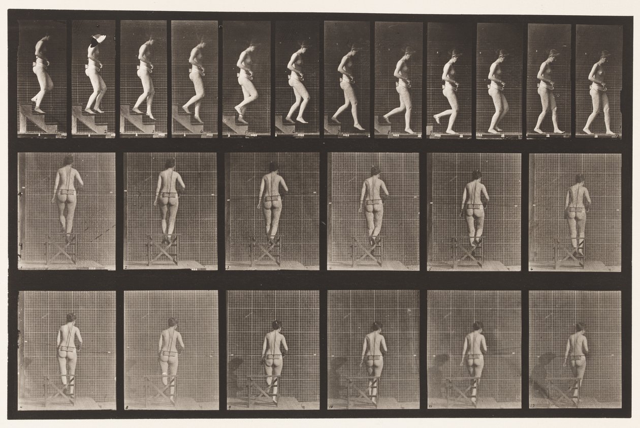 Tallerken 130. Nedstigende trapper, hender i klem, 1872-1885 av Eadweard Muybridge