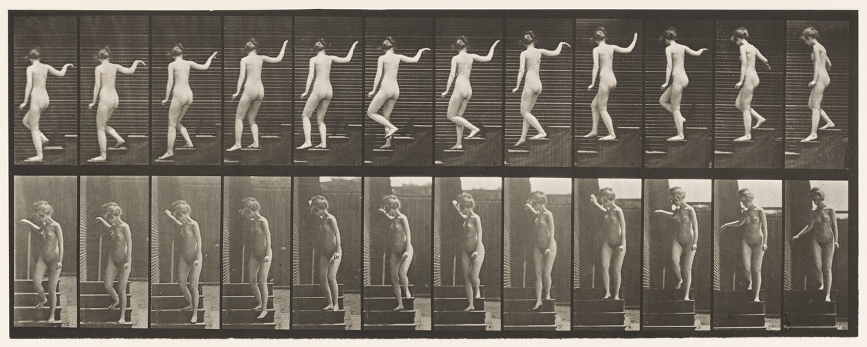 Plate 132. Nedstigende trapp, snur seg for å se seg rundt og vinker med hånden av Eadweard Muybridge