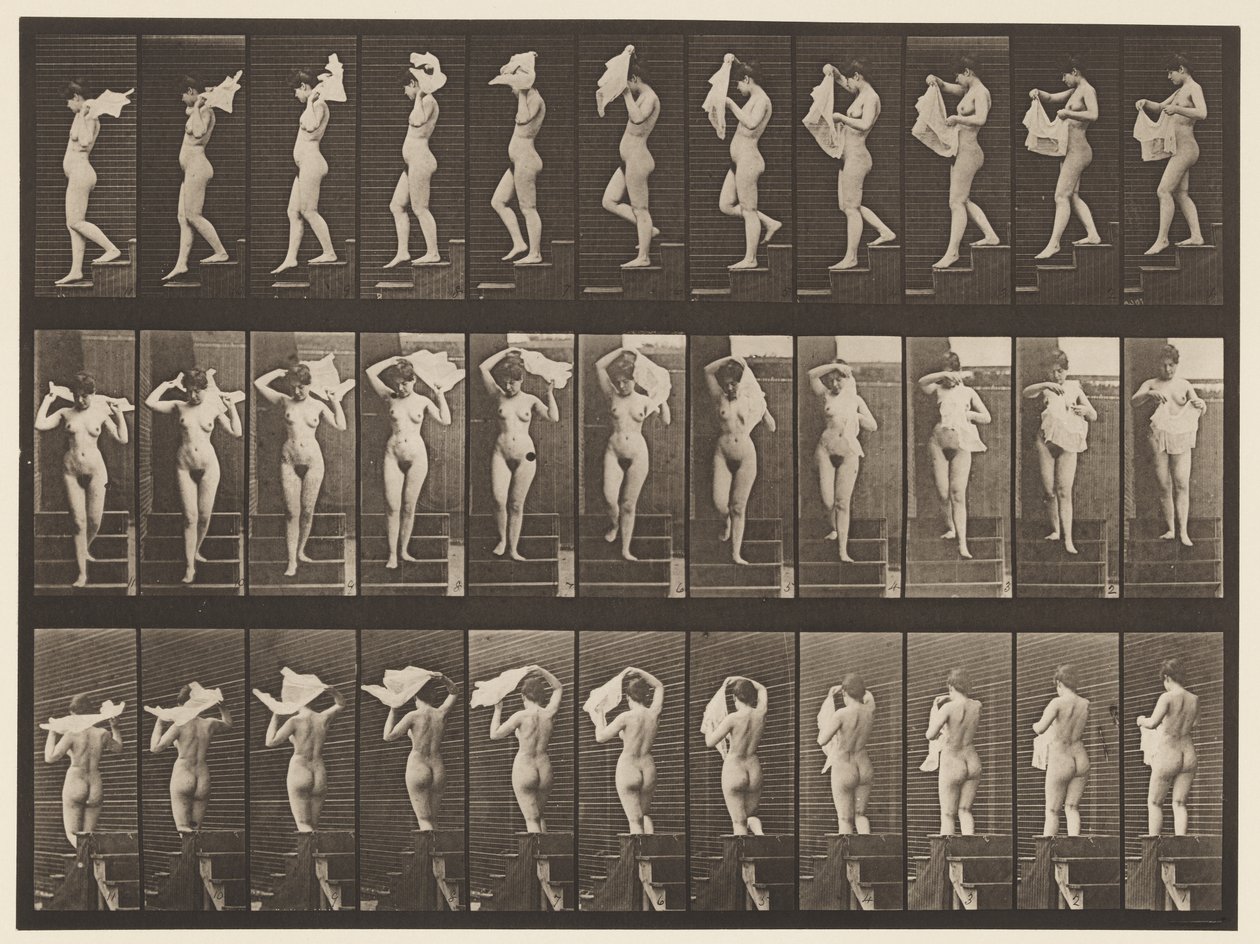 Plate 133. Nedstigende trapper, kaster lommetørkle over skuldrene, 1872-1885 av Eadweard Muybridge