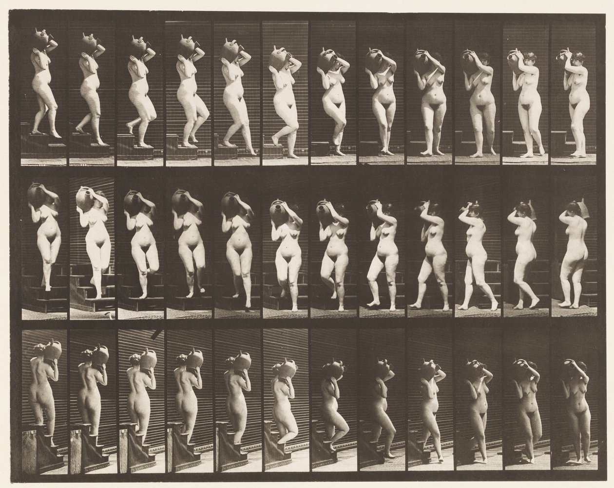 Plate 147. Nedstigende trapp; Turning Water Jar på høyre skulder, 1872-1885 av Eadweard Muybridge