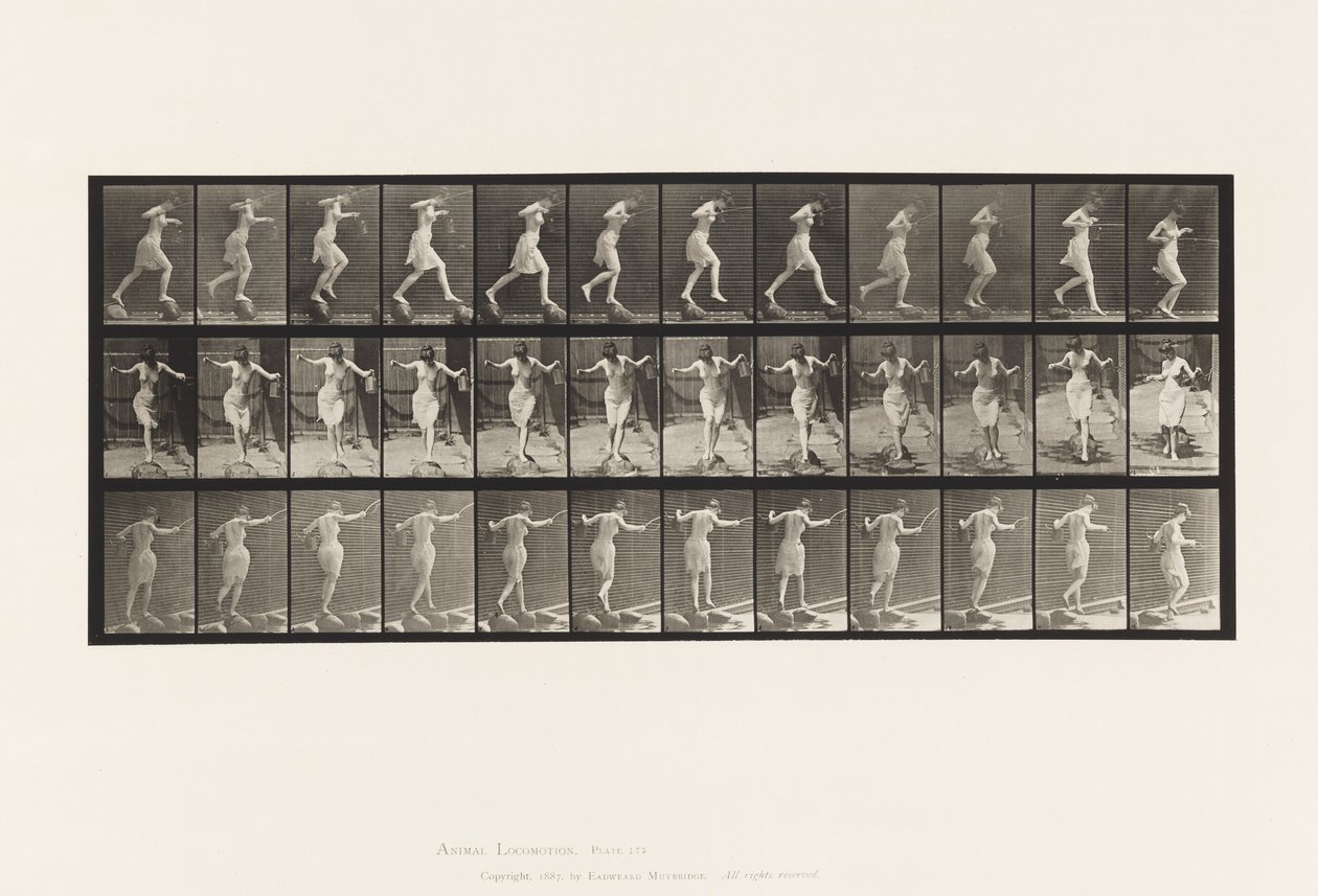 Tallerken 175. Kryssende bekk på trappesteiner med fiskestang og boks av Eadweard Muybridge