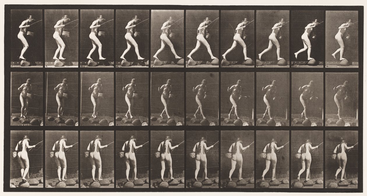 Plate 176. Kryssende bekk på trinnsteiner med fiskestang og kurv av Eadweard Muybridge