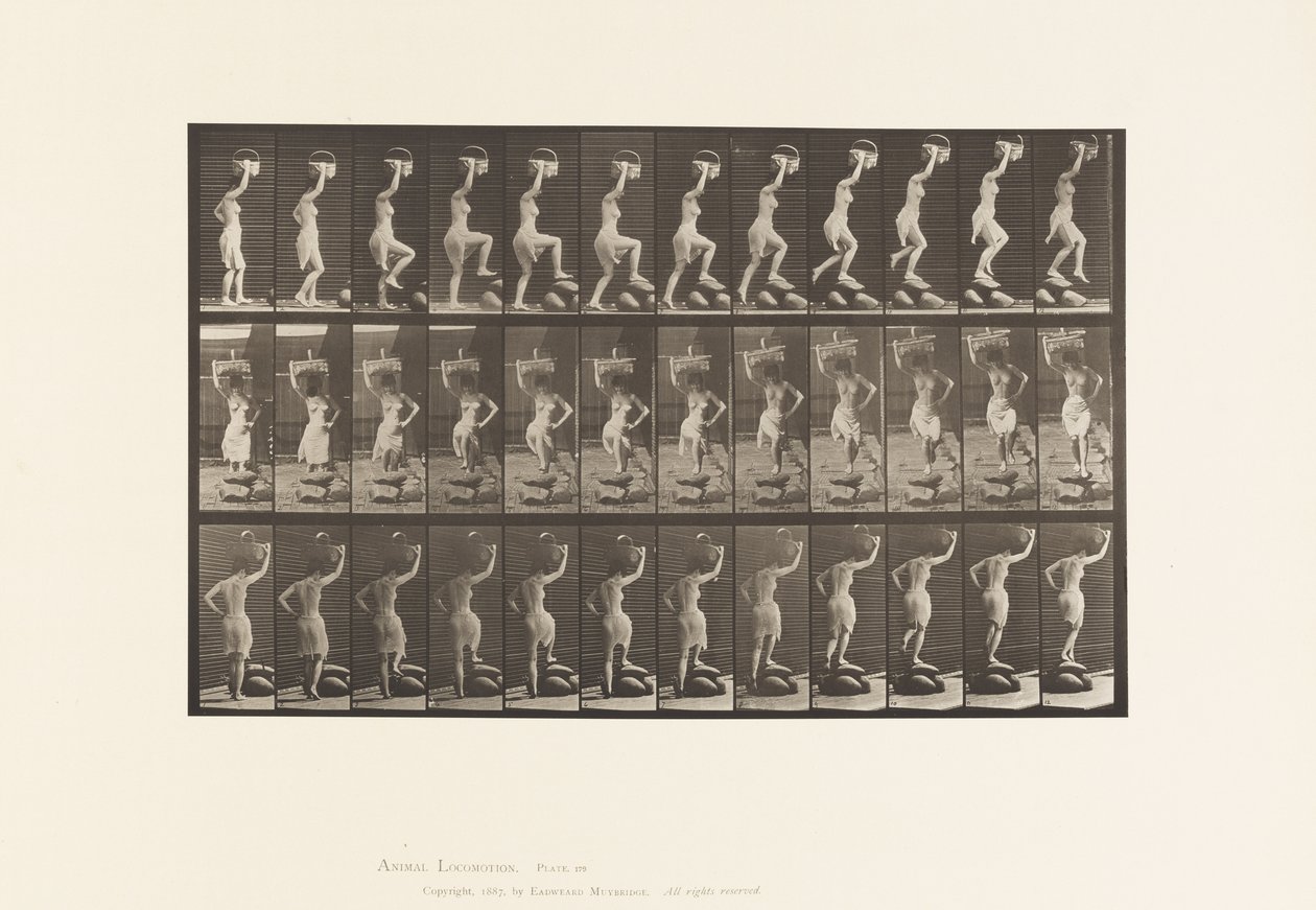 Tallerken 179. Å tråkke på og over en stein, en kurv på hodet av Eadweard Muybridge