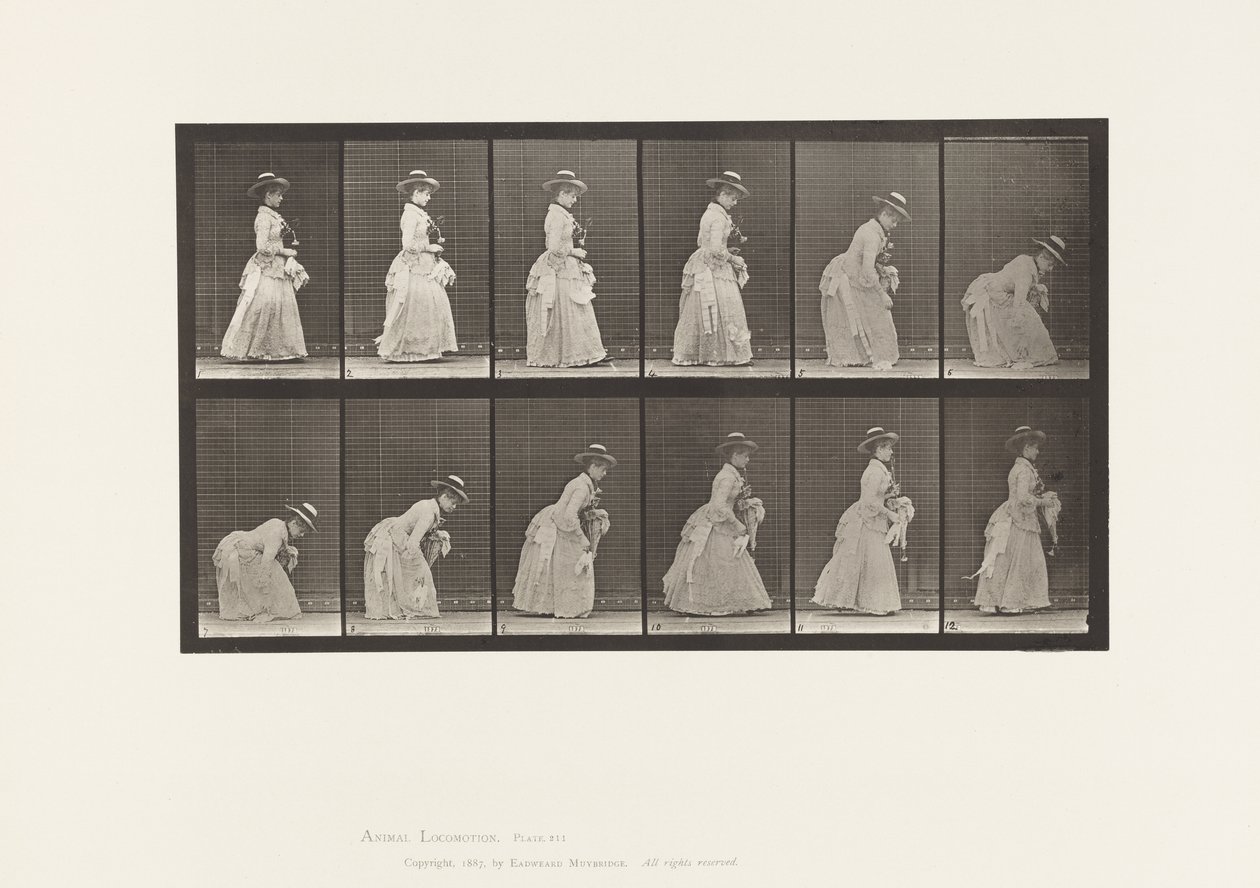 Tallerken 211. Bøye og løfte håndtørkle; Parasoll i venstre hånd, 1885 av Eadweard Muybridge
