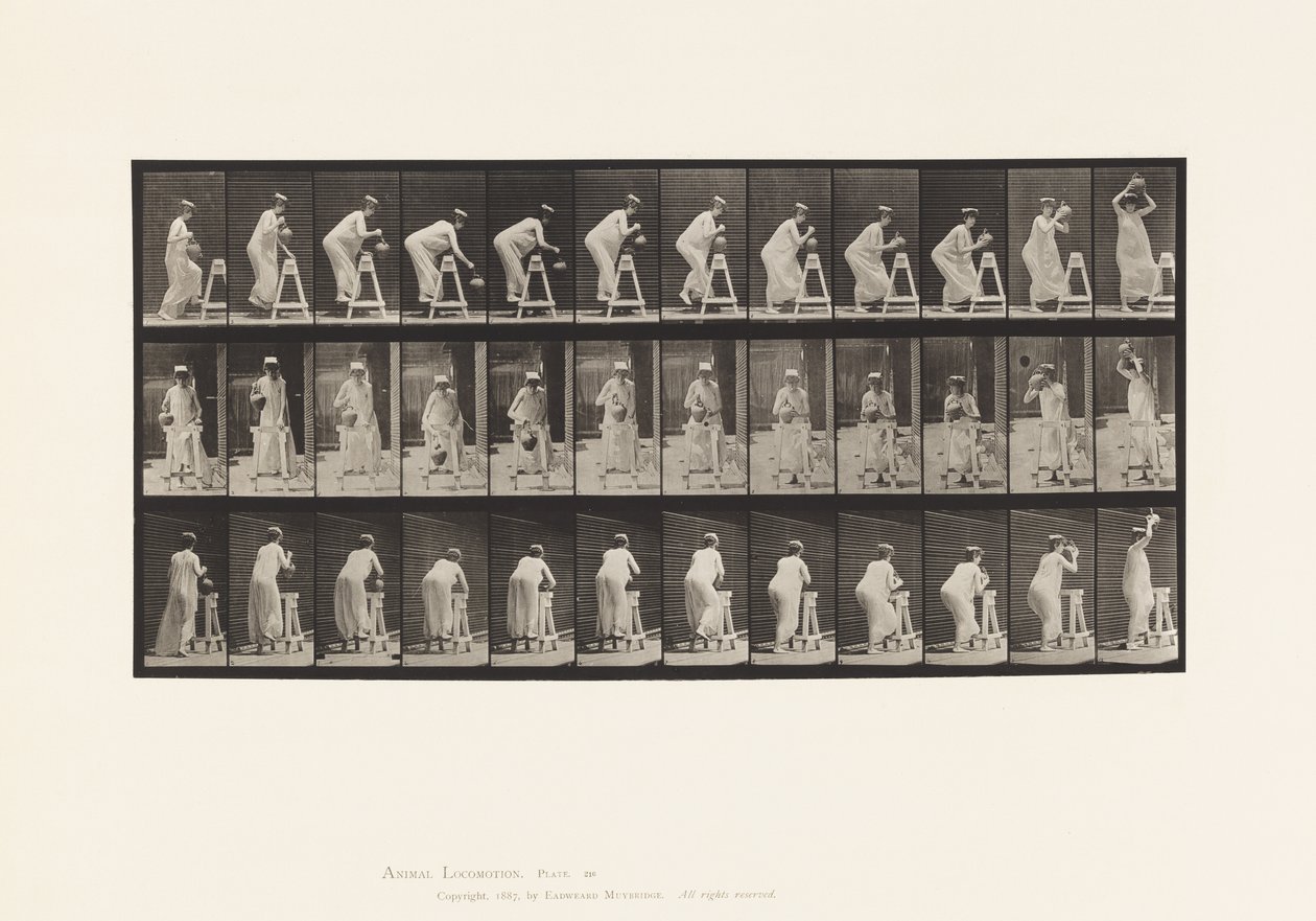 Plate 216. Bøying for å fylle vannbeholder; Plasser krukken på hodet av Eadweard Muybridge