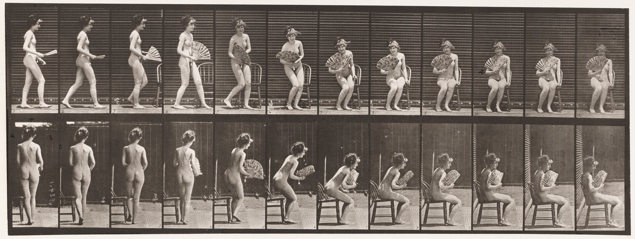 Plate 237. Setter seg ned på stol og åpningsvifte, 1872-1885 av Eadweard Muybridge