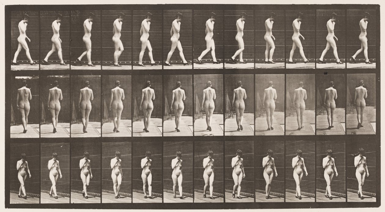 Plate 23. Gå, høyre hånd ved haken, høyhælte sko på av Eadweard Muybridge