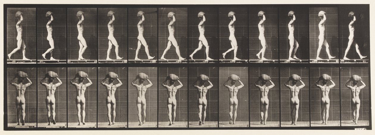 Tallerken 27. Går, bærer 70 lb. stein på hodet, hender løftet av Eadweard Muybridge