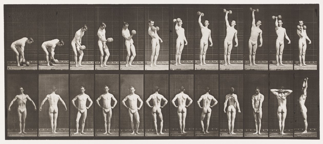 Plate 321. A, løfte en 50 lb dumb-bell; B, posering av Eadweard Muybridge
