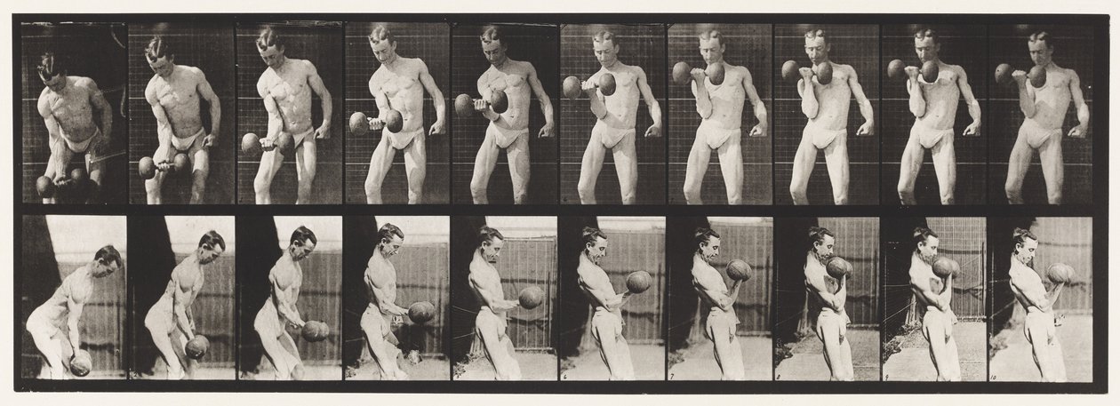 Plate 324. Curling 50-lb. Dumb-Bell, modell, 3/4 lengde av Eadweard Muybridge