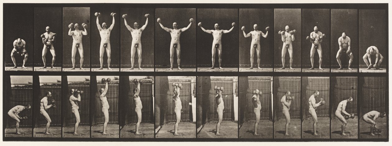 Plate 325. Løfte og holde to 50-lb. Dumb-Bells, 1885 av Eadweard Muybridge
