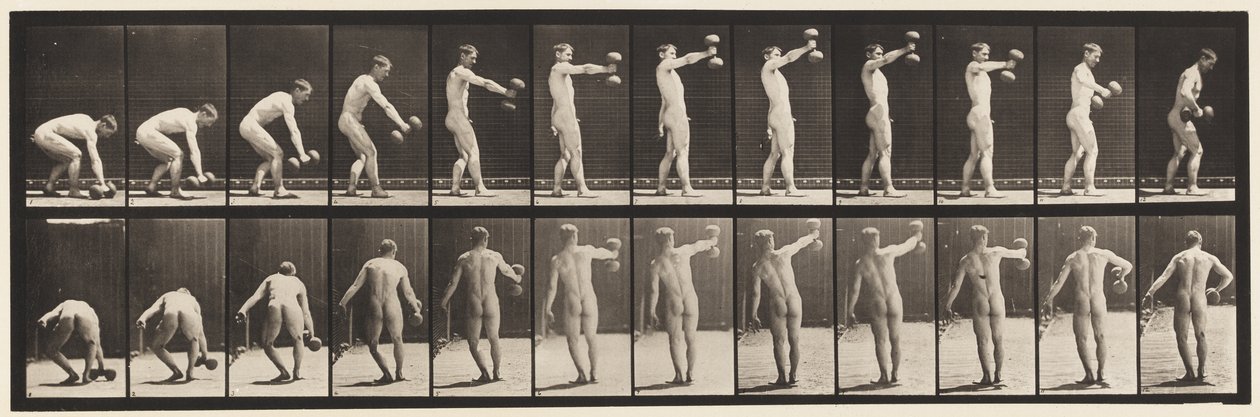 Plate 326. Løfting 50-lb. Dumb-Bell på armlengdes avstand av Eadweard Muybridge