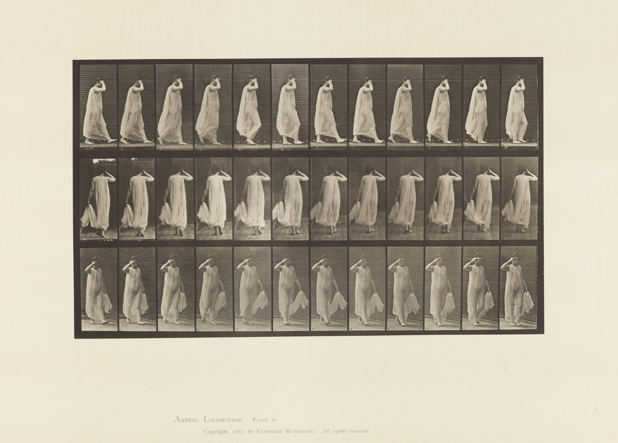 Plate 37. Gående, venstrehåndsholdende kjole, høyre hånd ved ansiktet, 1872-1885 av Eadweard Muybridge