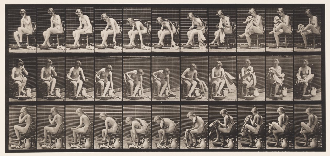 Plate 411. Løfte et håndkle mens du sitter og tørke føttene, 1872-1885 av Eadweard Muybridge