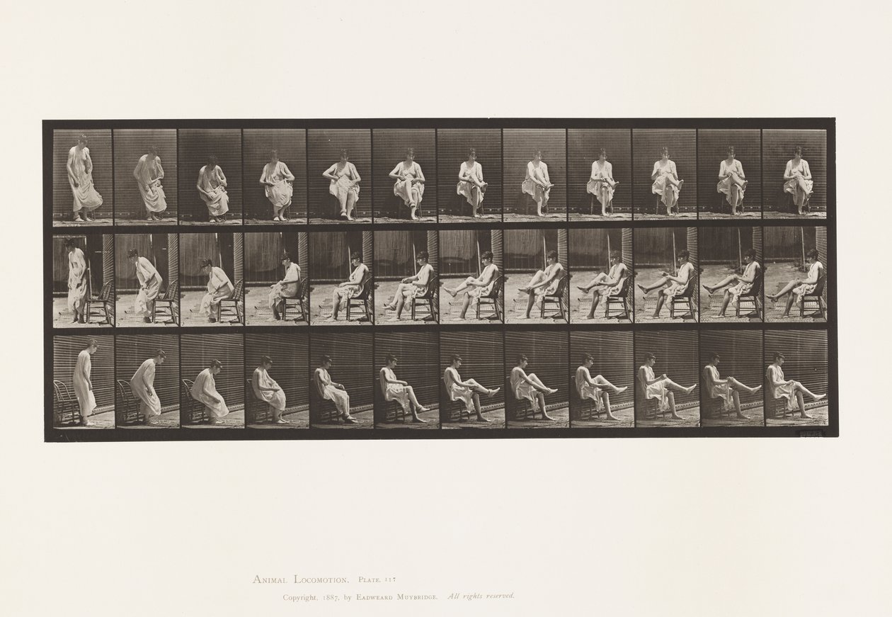 Tallerken 417. Toalett; Sitter og tar på strømper av Eadweard Muybridge