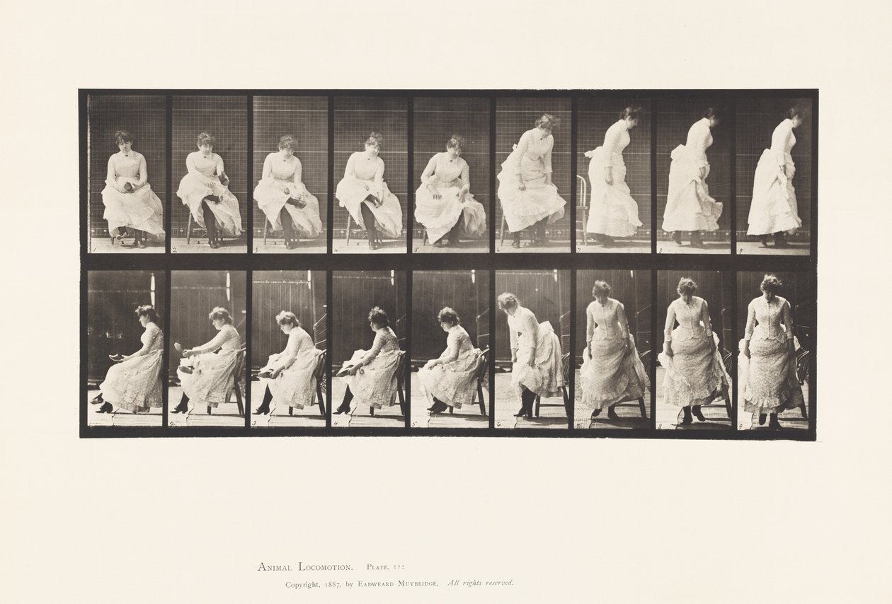 Tallerken 422.Toalett; Tar på seg sko og reiser seg fra stolen, 1885 av Eadweard Muybridge