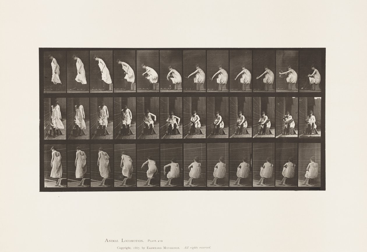 Tallerken 423. Toalett; Tar på seg støvler og reiser seg fra stolen av Eadweard Muybridge