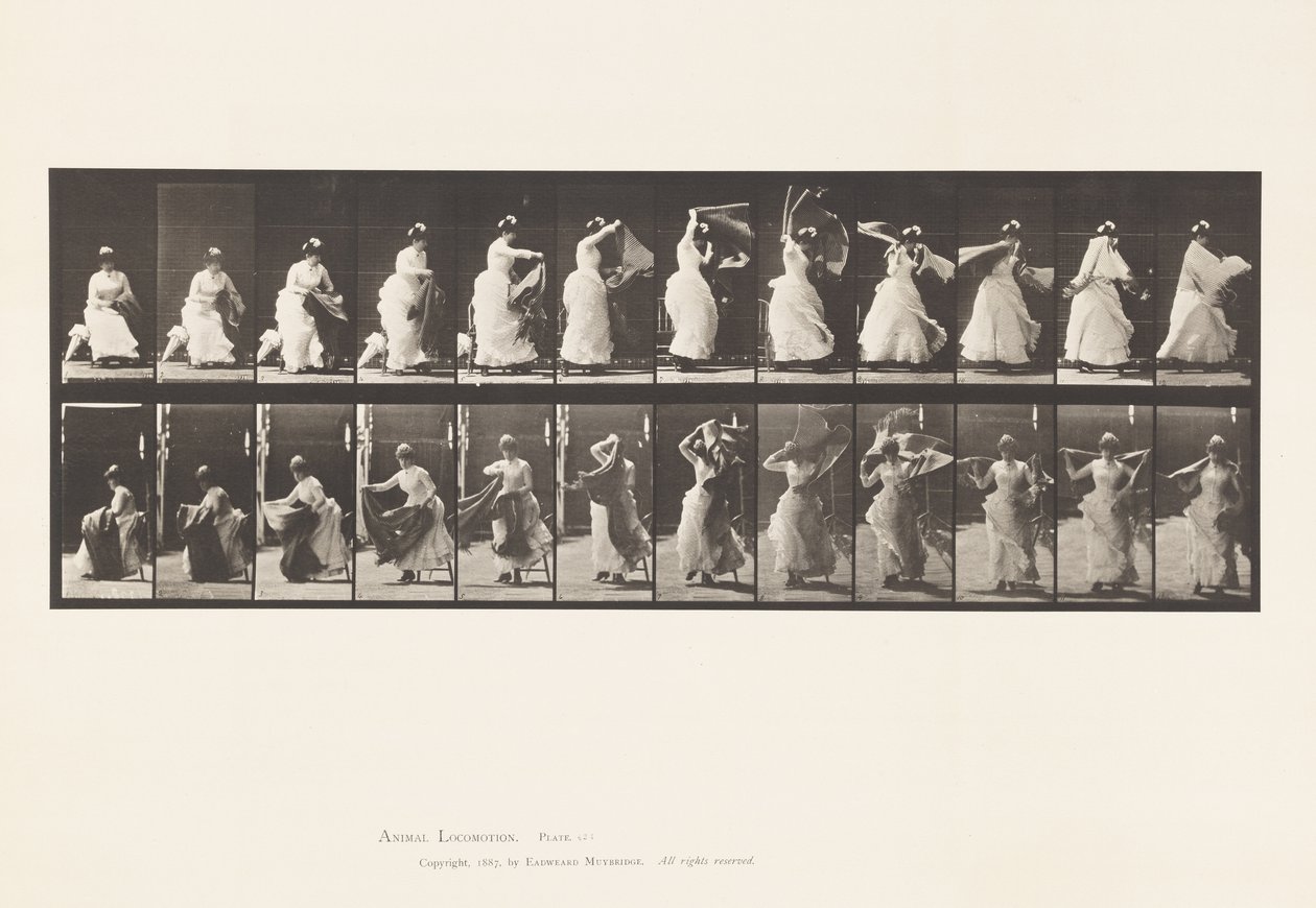 Tallerken 424.Toalett; Å reise seg fra stolen og ta på seg sjal, 1885 av Eadweard Muybridge