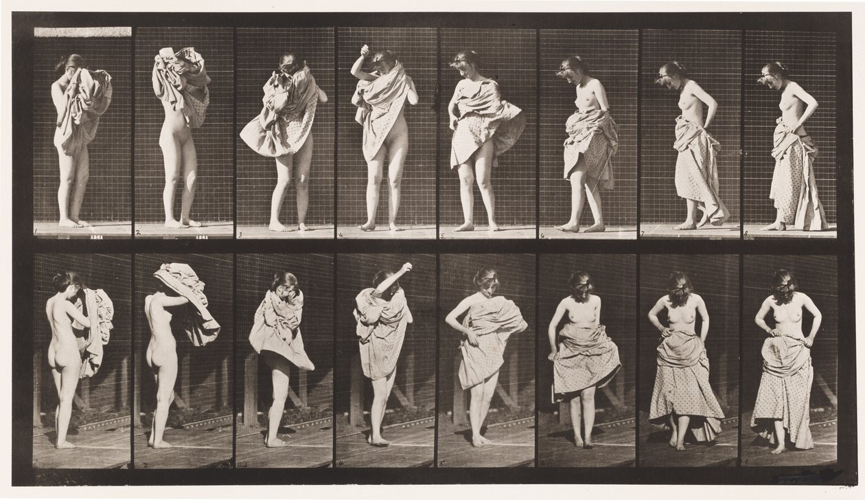 Tallerken 425. Toalett, kle på seg og snu, 1872-1885 av Eadweard Muybridge