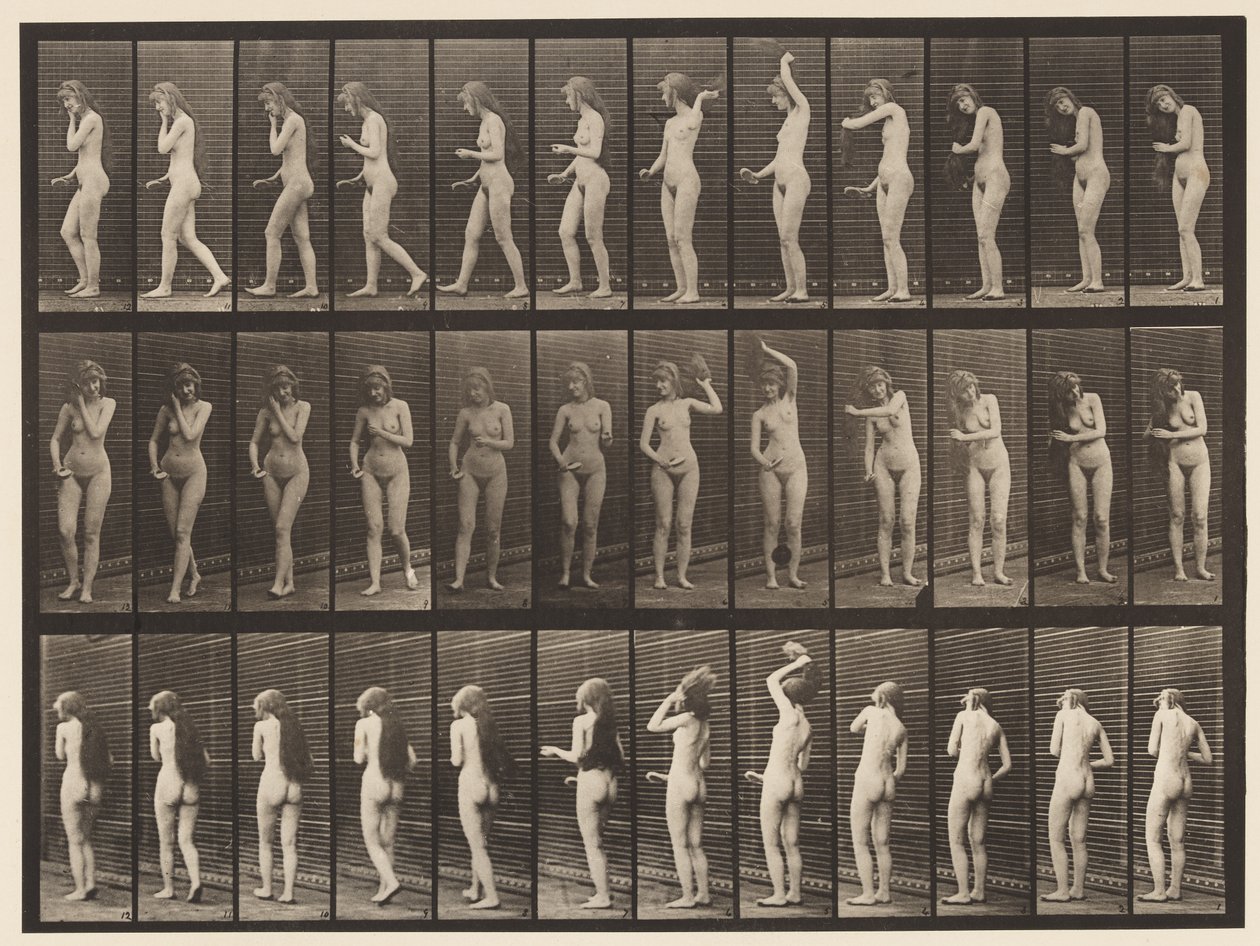 Tallerken 426. Toalett; Børster håret hennes og går av, 1872-1885 av Eadweard Muybridge