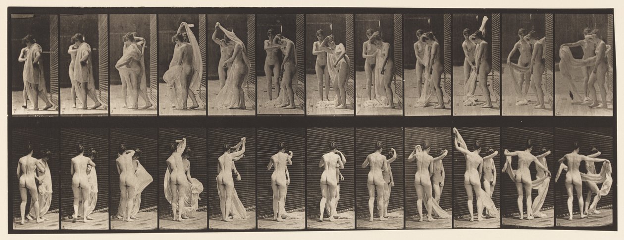 Tallerken 428. Toalett; To modeller, 1 Disrobing 8, 1872-1885 av Eadweard Muybridge