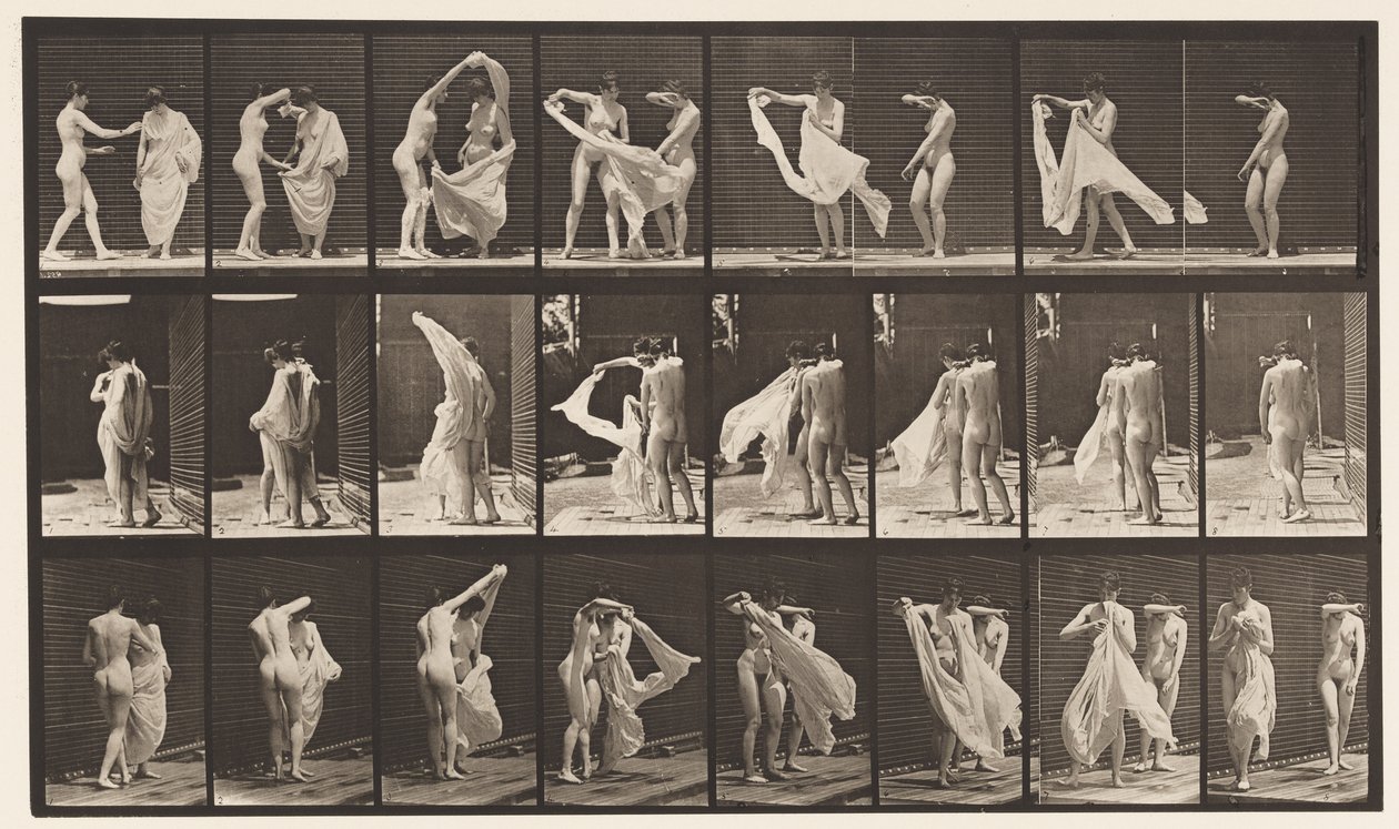Tallerken 429. Toalett; To modeller, 1 Disrobing 8, 1872-1885 av Eadweard Muybridge