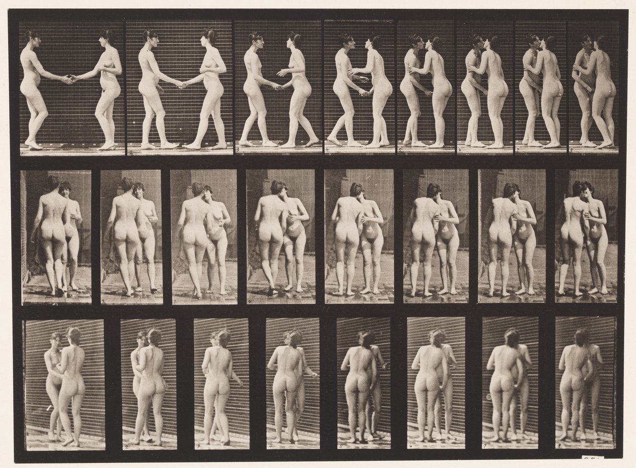 Tallerken 444. To modeller som håndhilser og kysser hverandre av Eadweard Muybridge