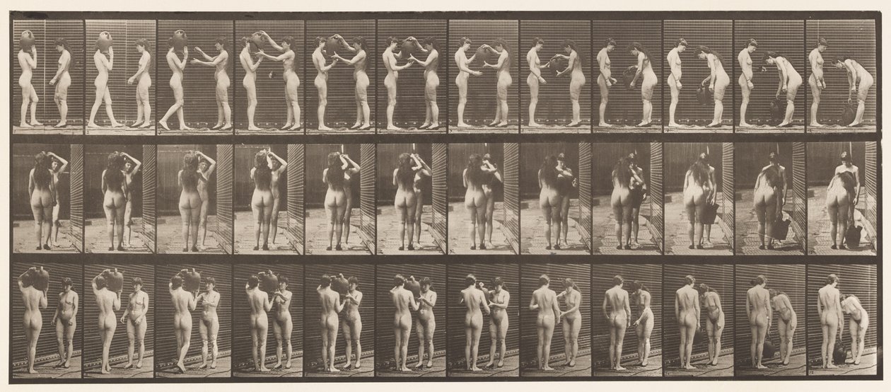 Tallerken 447. To modeller, 9 Tar vannkrukke fra skulder på 10 av Eadweard Muybridge