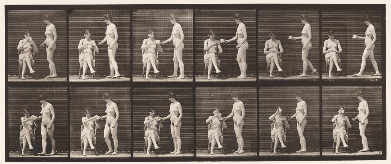 Tallerken 450. To modeller, 8 tar med kopp te, 1 kopp og drikke, 1872-1885 av Eadweard Muybridge