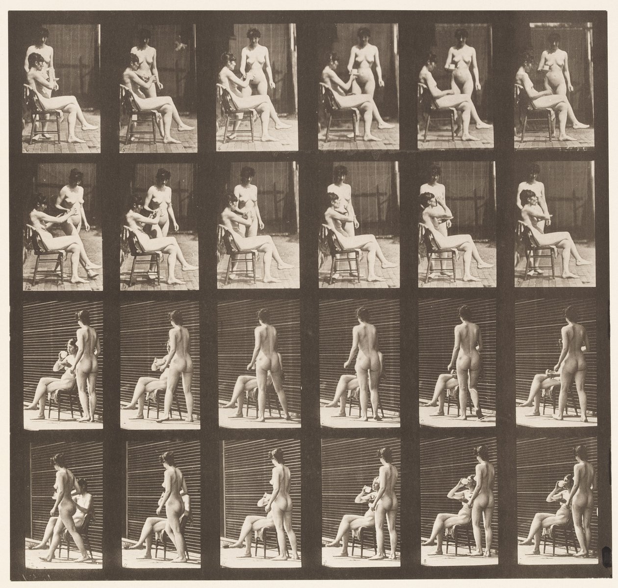 Tallerken 451. To modeller, 8 tar med kopp te, 1 kopp og drikke, 1872-1885 av Eadweard Muybridge