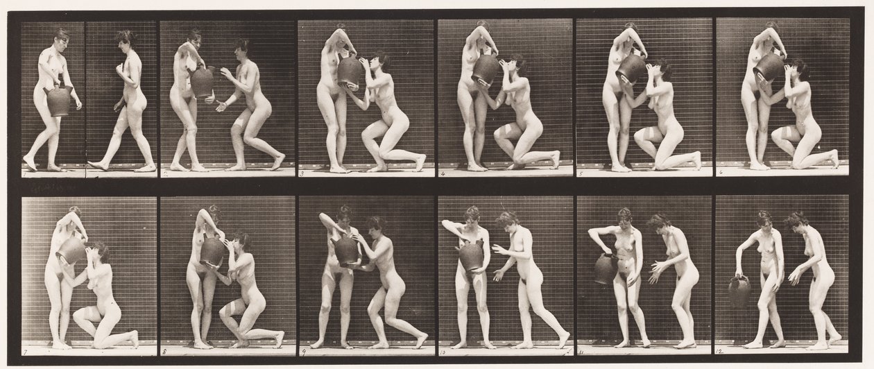 Tallerken 452. To modeller, 8 knær, drikker fra vannkrukke i hender, 1872-1885 av Eadweard Muybridge