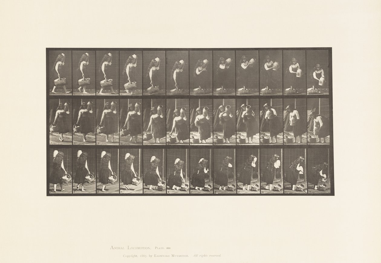 Tallerken 460. Bærekrukke på skulderen og kurv i hånden,, 1885 av Eadweard Muybridge