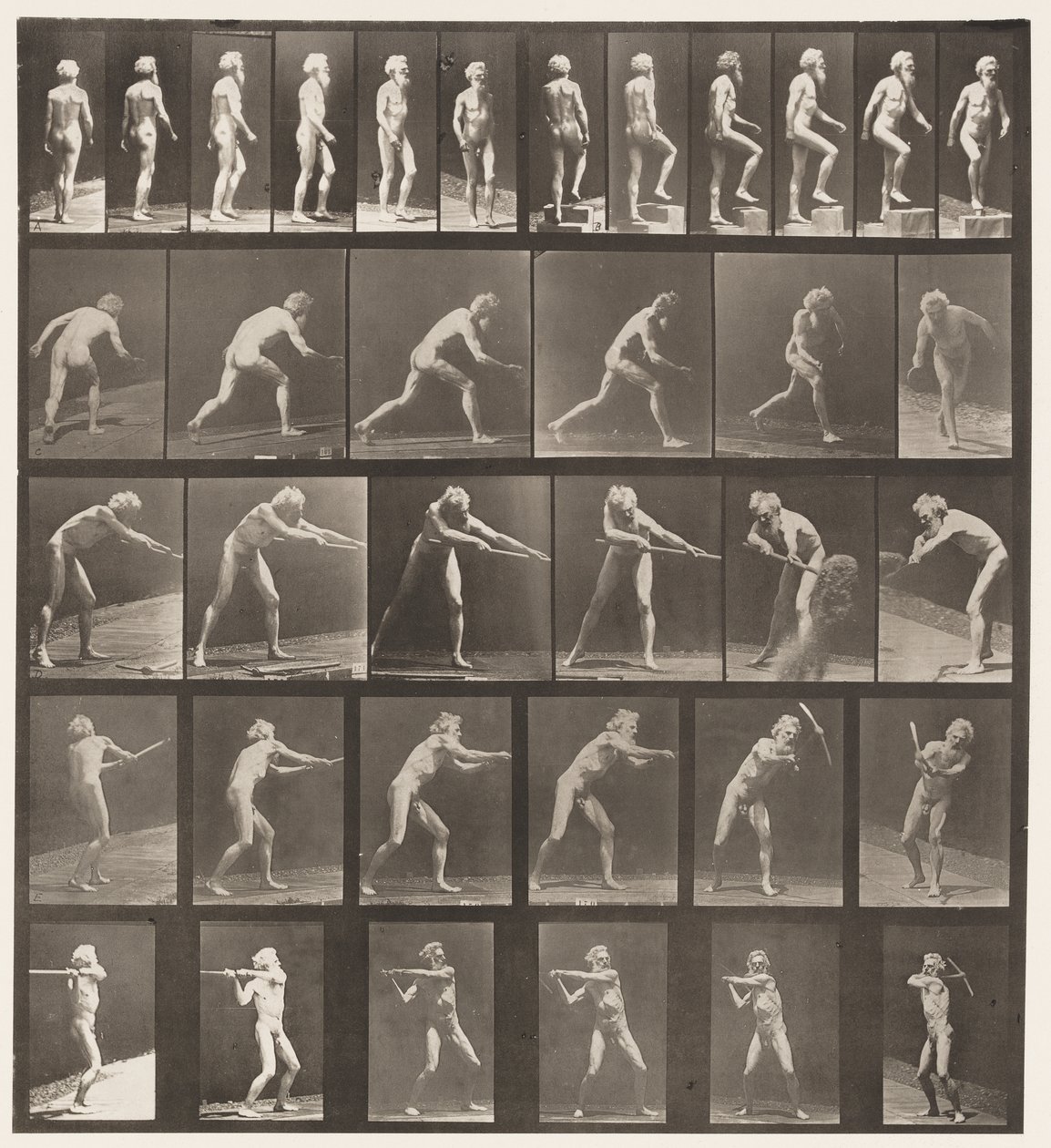 Plate 521. A, Gående; B, stigende trinn; C, Kaste disk av Eadweard Muybridge