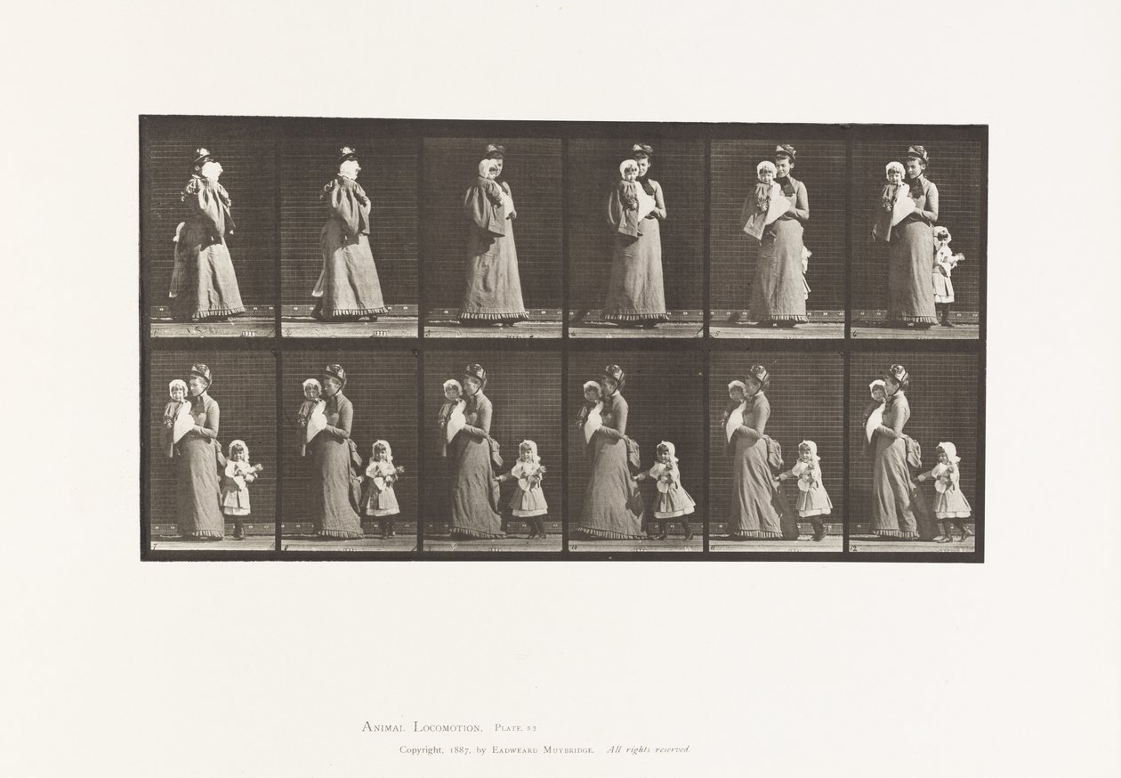 Plate 52. Gående bærende barn, snu seg rundt; et annet barn (70) holder på kjolen på 9 av Eadweard Muybridge