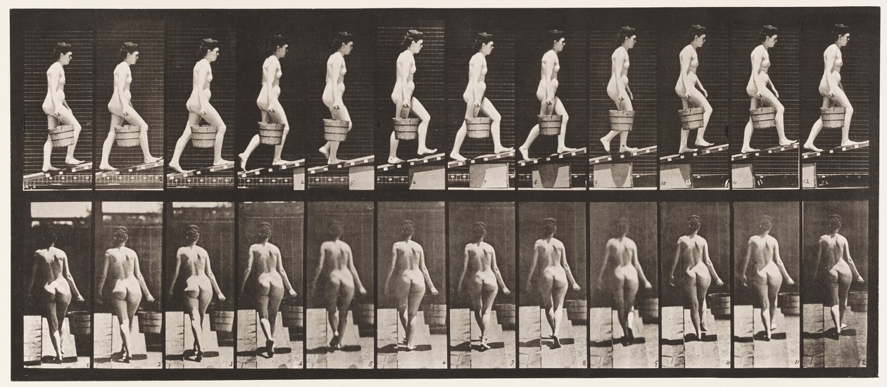 Plate 83. Stigende skråning, bøtte med vann i høyre hånd av Eadweard Muybridge