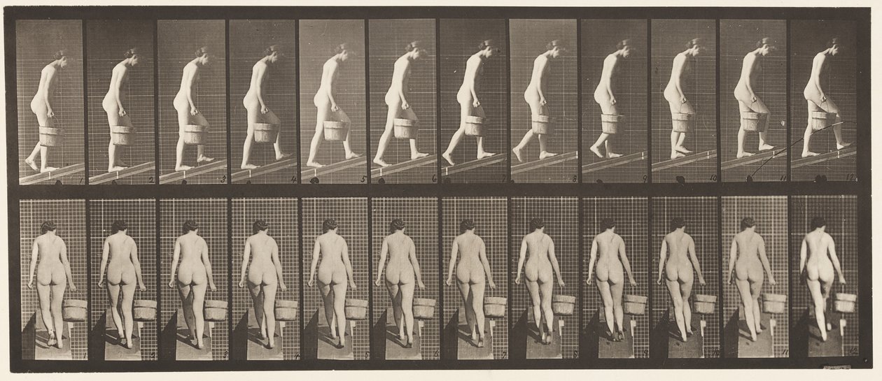 Plate 84. Stigende skråning, bøtte med vann i høyre hånd av Eadweard Muybridge