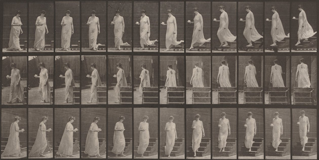 Tavle nummer 143. Går ned trapper, en kopp og skål i høyre hånd av Eadweard Muybridge