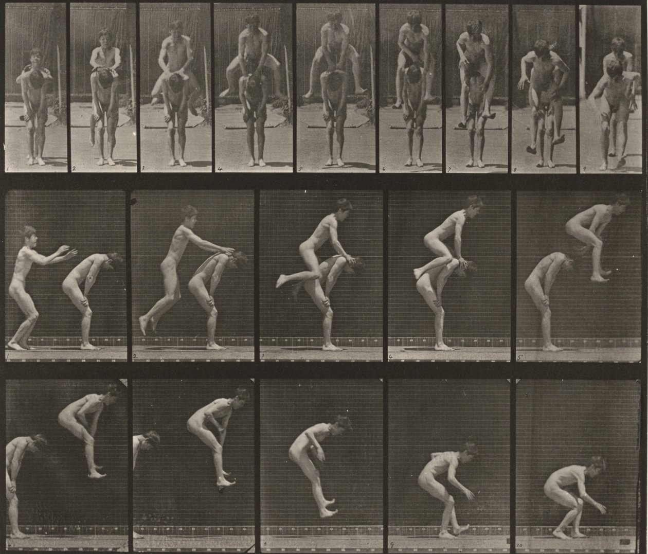 Tavle nummer 167. Hoppe over ryggen på en gutt (bukkesprang) av Eadweard Muybridge