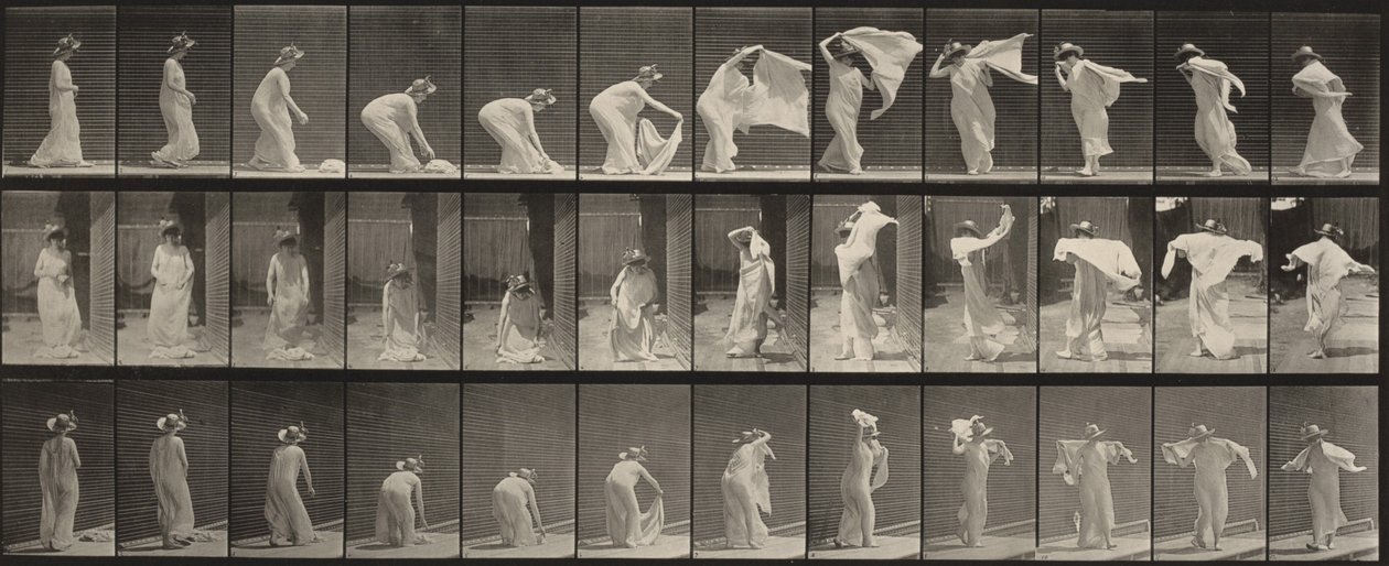 Tavle nummer 233. Løfte sjalet, legge det rundt skuldrene og snu seg av Eadweard Muybridge