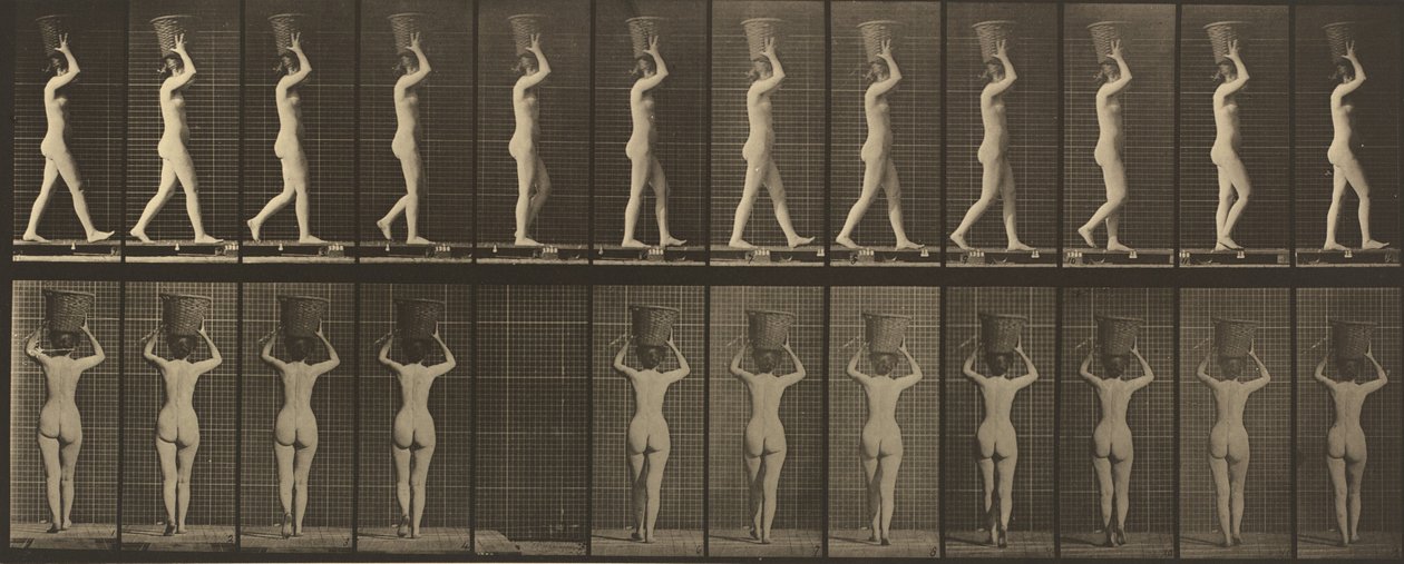 Plate nummer 34. Går og bærer en 15-lb. kurv på hodet, hendene hevet av Eadweard Muybridge