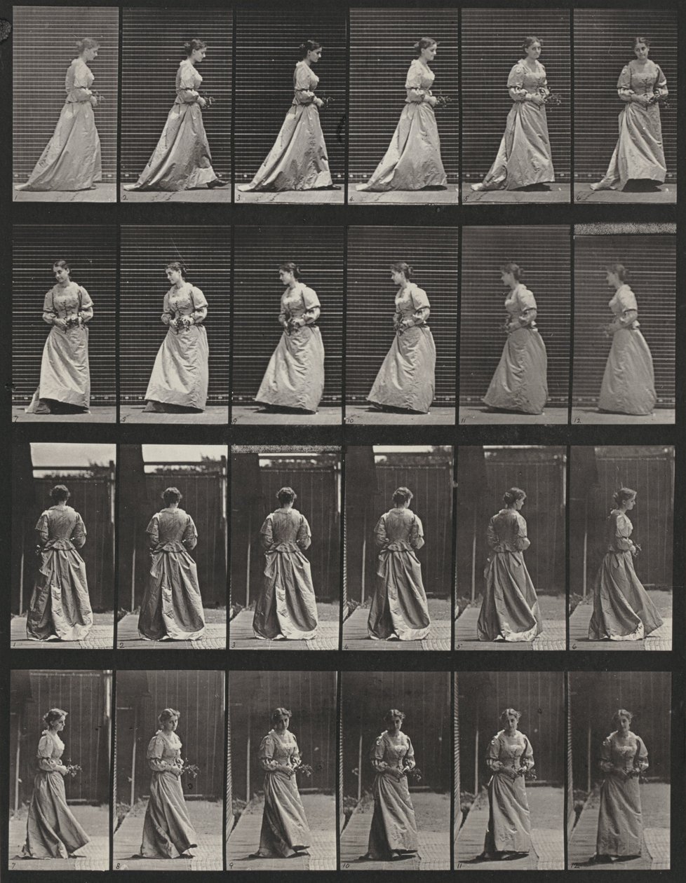 Tavle nummer 48. Gå og snu seg rundt med en bukett i begge hender av Eadweard Muybridge