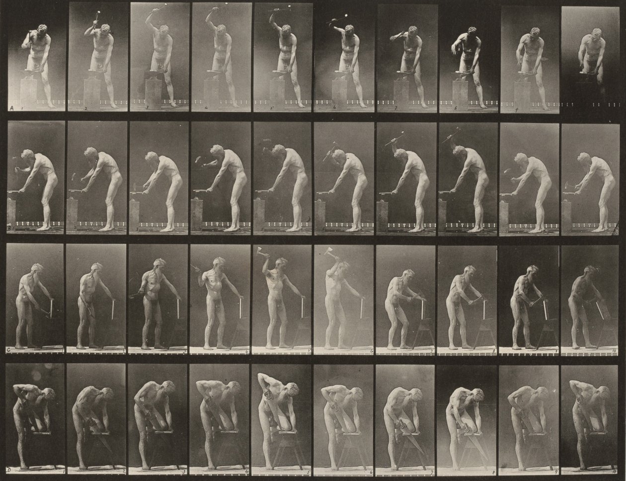 Tavle nummer 491. A, B: Hamring på en ambolt. C: Bruk av en øks. D: Saging av en planke av Eadweard Muybridge