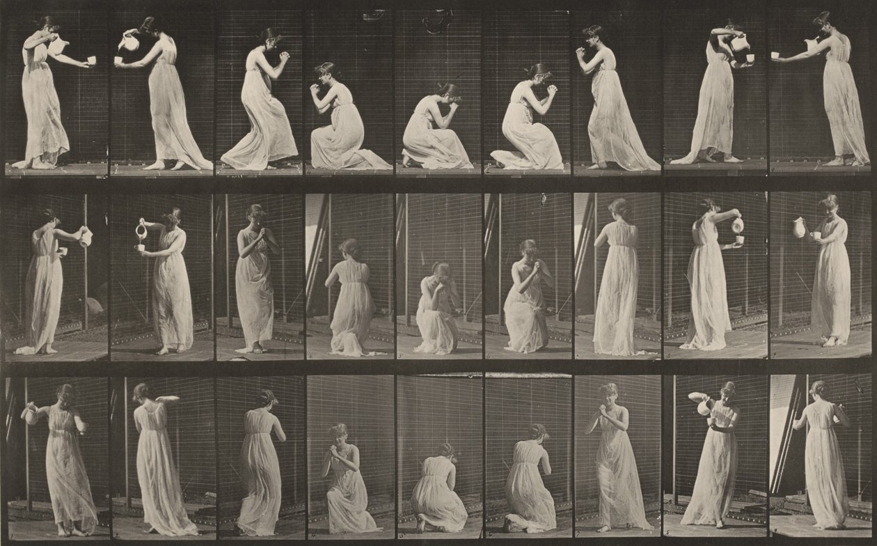 Tavle nummer 502. Forskjellige stillinger, foroverbøyd, knelende osv. av Eadweard Muybridge