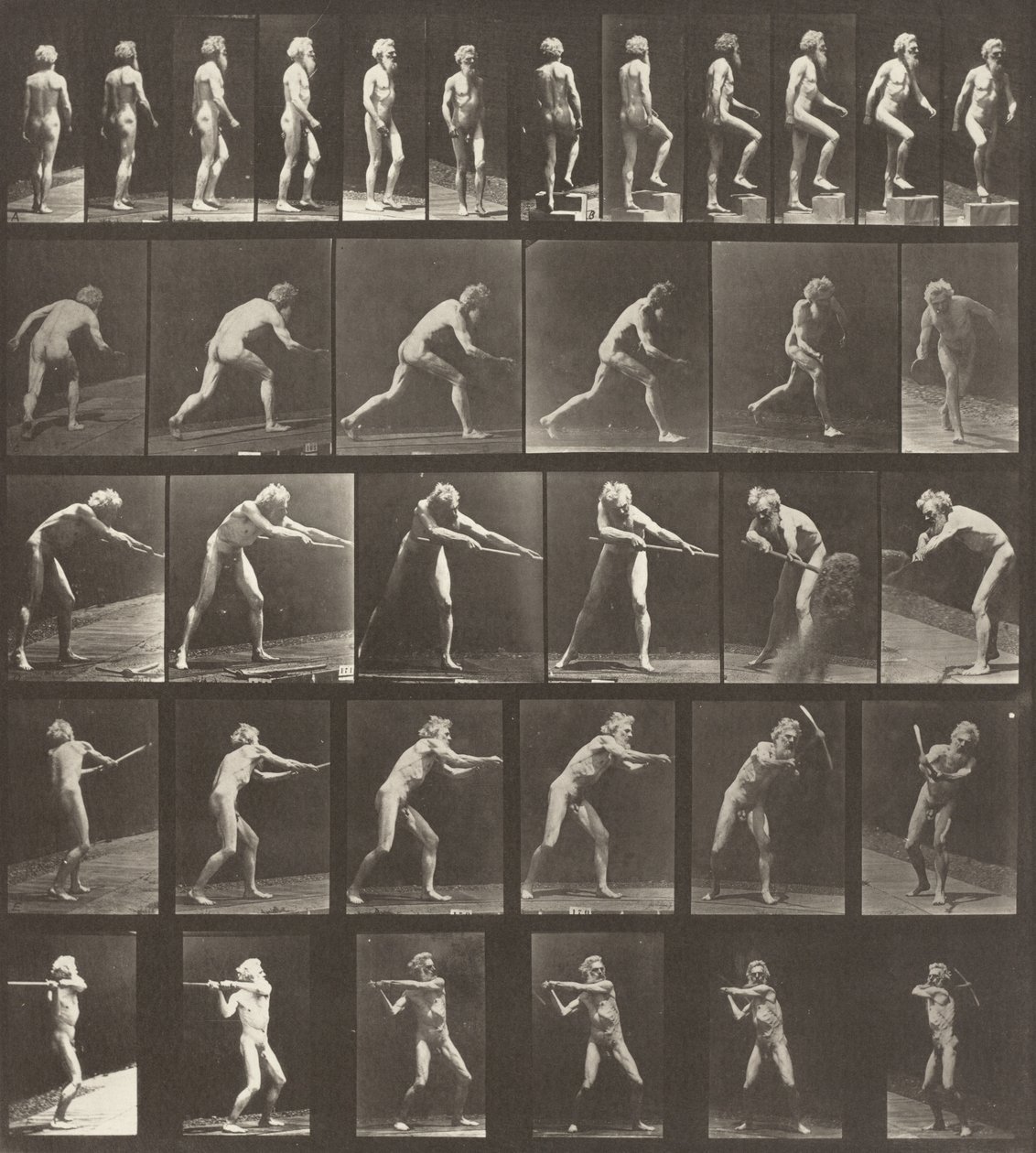 Plate nummer 521. A: Gående. B: Gå opp et trinn. C: Kaster disken. D: Bruke en spade. E, F: Ved hjelp av en hakke av Eadweard Muybridge