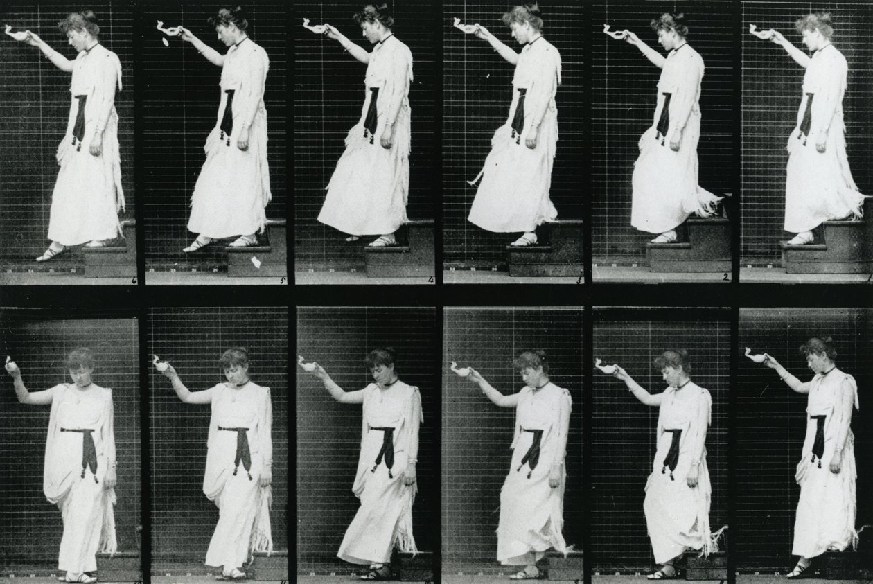 Kvinne. Descending a Stairway, 1887, illustrasjon fra 'The Human Figure in Motion' av Eadweard Muybridge, utgave publisert 1904 av Eadweard Muybridge
